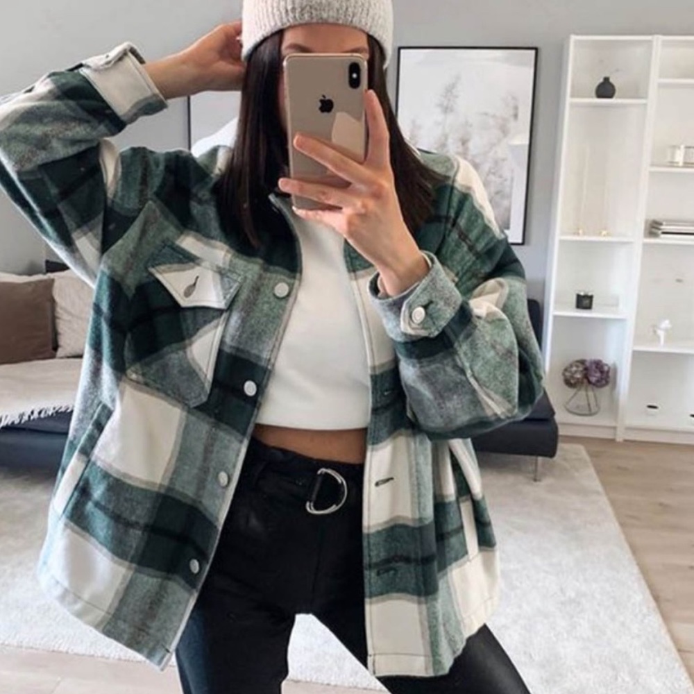 Plaid Stripe Oversized Flannel Shirt Shacket green - Picture 2 of 16